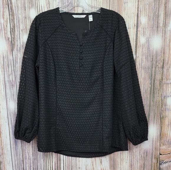 ISAAC Mizrahi Black Ladder Lace Dot Detail Blouse - Picture 2 of 14